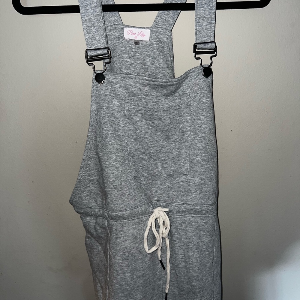 Pink Lily Gray Overalls with Adjustable Straps and Drawstring Waist